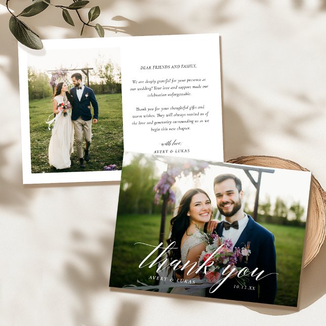 Tarjeta De Agradecimiento Elegante Boda de guiones modernos de fotos Gracias (Subido por el creador)