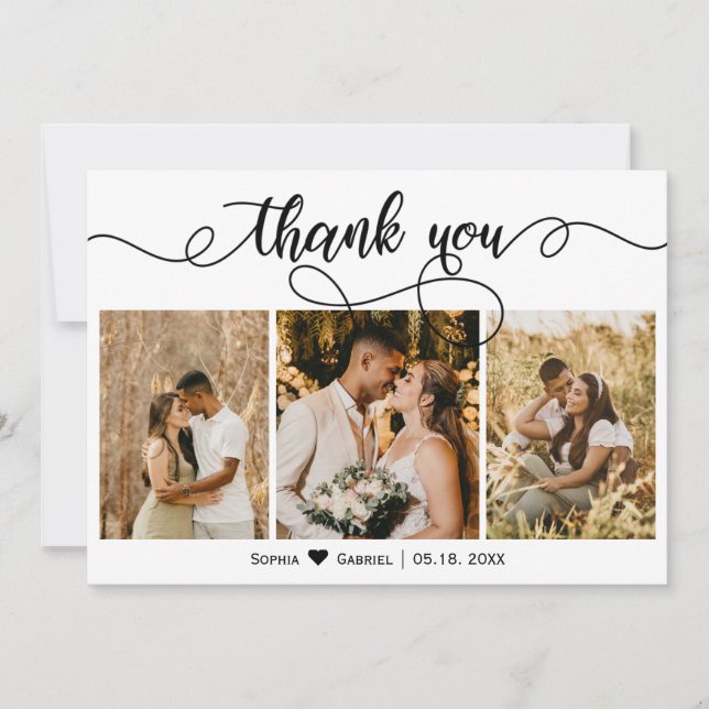 Tarjeta De Agradecimiento Elegante Boda de guiones Tres Collages de fotos (Anverso)