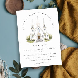 Tarjeta De Agradecimiento Elegante Boda de Iglesia Católica de Acuarela