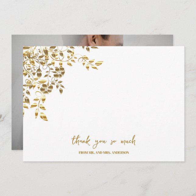 Tarjeta De Agradecimiento Elegante Boda de imágenes con nombre simple de oro (Anverso / Reverso)