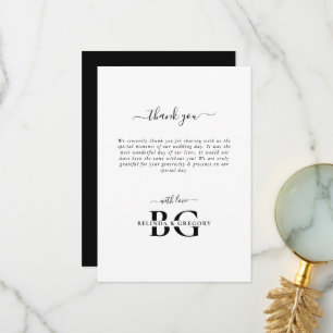 Tarjeta De Agradecimiento Elegante Boda de Iniciales de Monograma Blanco y N