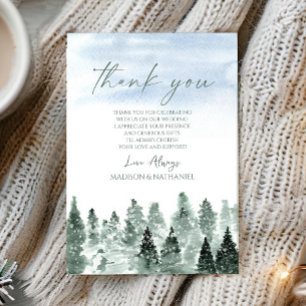 Tarjeta De Agradecimiento Elegante Boda de Invierno con Pinos Verdes Nevados