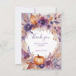 Tarjeta De Agradecimiento Elegante Boda de la Calabaza Románica Flores Púrpu
