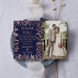 Tarjeta De Agradecimiento Elegante Boda de la Marina y Rosa de oro floral