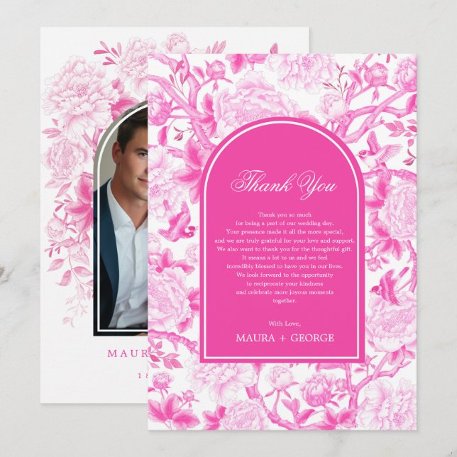 Tarjeta De Agradecimiento Elegante Boda de la serie chinica rosa de Fuchsia (Anverso / Reverso)
