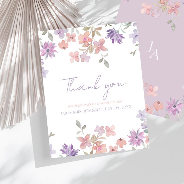 Tarjeta De Agradecimiento Elegante boda de lavanda rosa caprichosa y flores  (Elegant Lavender Pink Whimsical Wildflower Wedding Thank You Card)