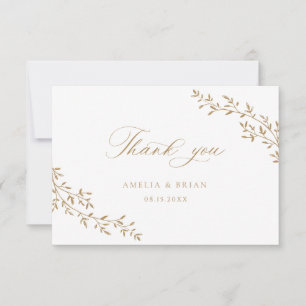 Tarjeta De Agradecimiento Elegante Boda de Leaf Branch Botanical Gold Script