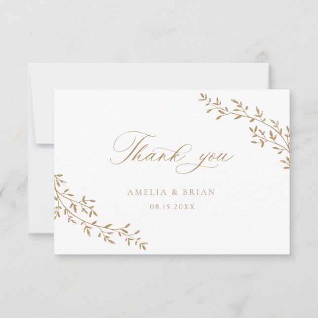 Tarjeta De Agradecimiento Elegante Boda de Leaf Branch Botanical Gold Script (Anverso)