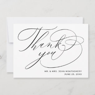Tarjeta De Agradecimiento Elegante Boda de Letra Moderna en Blanco y Negro