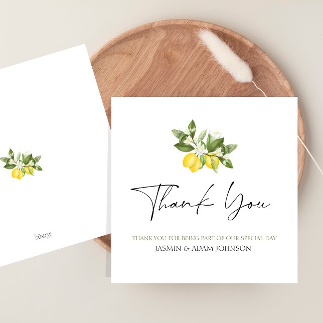 Tarjeta De Agradecimiento Elegante Boda de Limón Verde Gracias (Citrus Lemons and Greenery Summer Fruits Wedding Thank You Card)