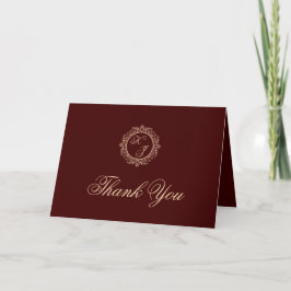 Tarjeta De Agradecimiento Elegante Boda de lujo dorado monograma de Borgoña