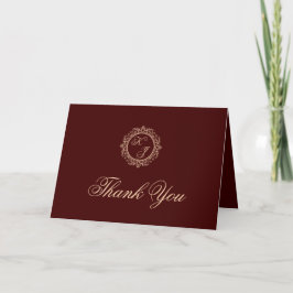 Tarjeta De Agradecimiento Elegante Boda de lujo dorado monograma de Borgoña