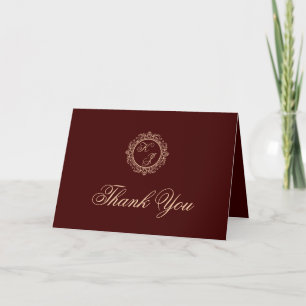 Tarjeta De Agradecimiento Elegante Boda de lujo dorado monograma de Borgoña