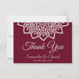 Tarjeta De Agradecimiento Elegante Boda de Mandala de Plata Borgoña
