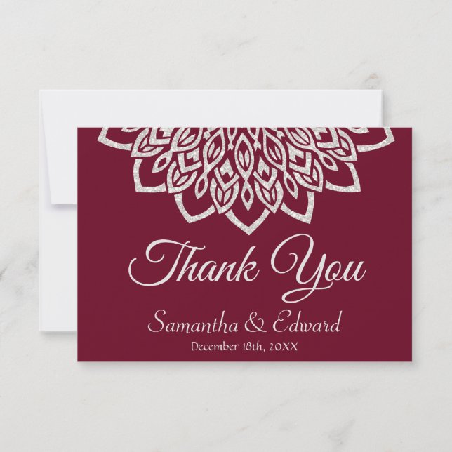 Tarjeta De Agradecimiento Elegante Boda de Mandala de Plata Borgoña (Anverso)