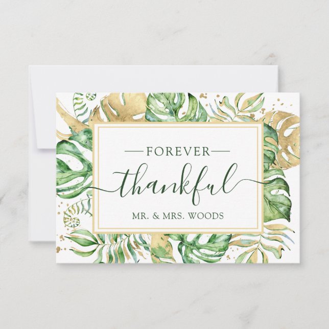Tarjeta De Agradecimiento Elegante Boda de marco dorado de follaje tropical (Anverso)
