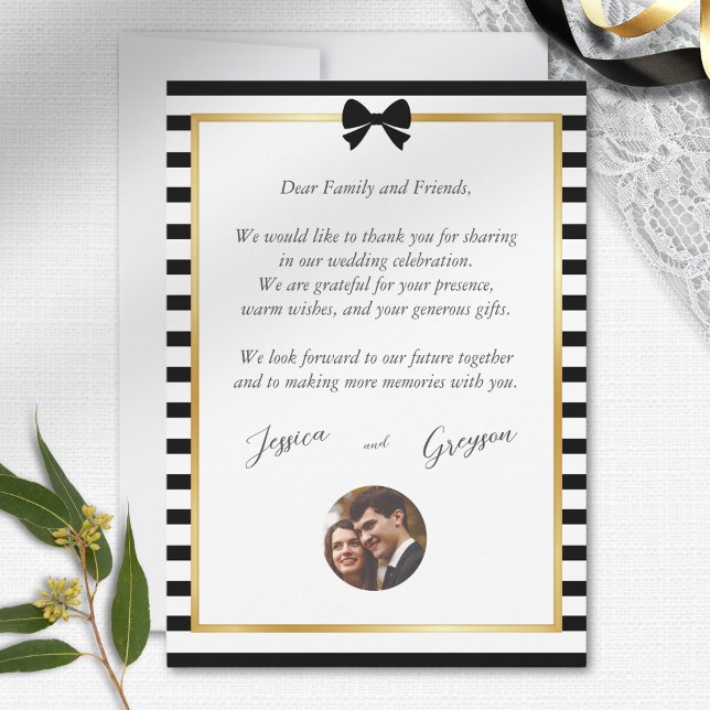 Tarjeta De Agradecimiento Elegante Boda de marco dorado de franja blanca neg (Subido por el creador)