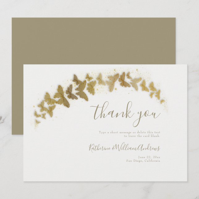 Tarjeta De Agradecimiento Elegante Boda de mariposas de oro clásico (Anverso / Reverso)
