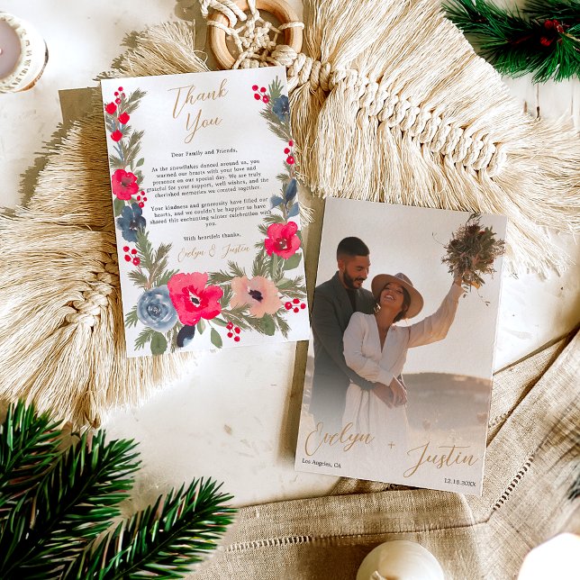 Tarjeta De Agradecimiento Elegante Boda de moda con flores de invierno (Rustic Elegant Winter Floral photo chic Wedding Thank You Card)