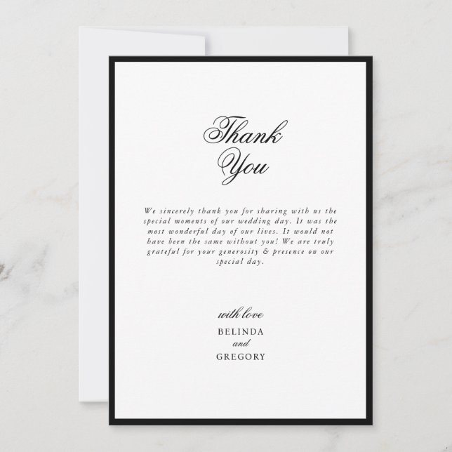 Tarjeta De Agradecimiento Elegante Boda de Monograma Blanco Negro Minimalist (Anverso)