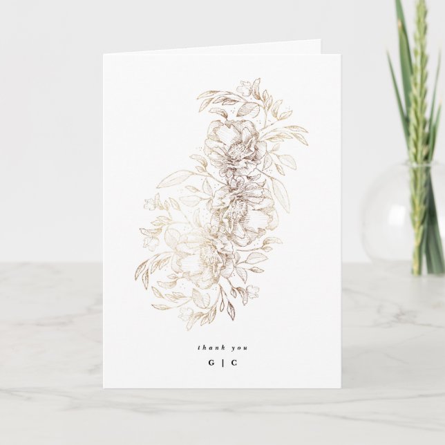 Tarjeta De Agradecimiento Elegante Boda de Monograma Botánico de Relieve met (Anverso)