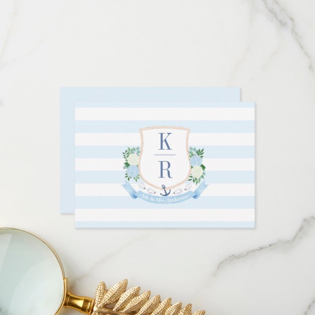 Tarjeta De Agradecimiento Elegante Boda De Monograma Costero Azul Y Blanco (Anverso/Reverso In Situ)