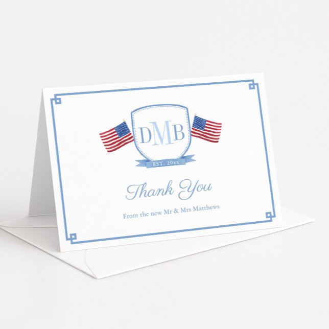 Tarjeta De Agradecimiento Elegante Boda de Monograma Parejas Patrióticas (Patriotice three letter triple monogram crest wedding thank you card design with USA flags)