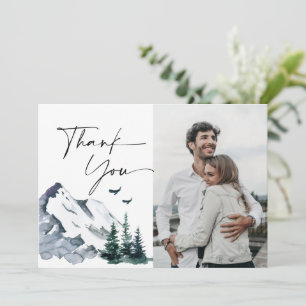 Tarjeta De Agradecimiento Elegante Boda de Montañas Bosque Acuarela