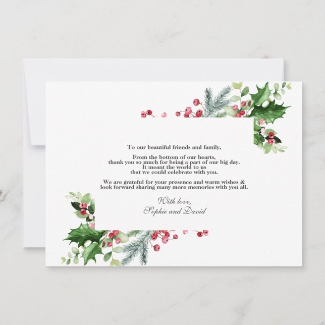 Tarjeta De Agradecimiento Elegante Boda de Navidades de Berry de pino dorado (Reverso)