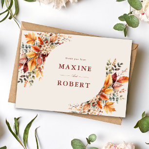 Tarjeta De Agradecimiento Elegante Boda de Otoño con Acuarela Suave de Folla