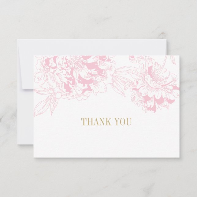 Tarjeta De Agradecimiento Elegante Boda de Peonía de Floral Oro Rosa (Anverso)