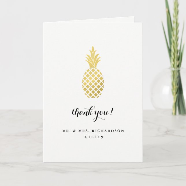 Tarjeta De Agradecimiento Elegante Boda de piña dorada Gracias (Anverso)