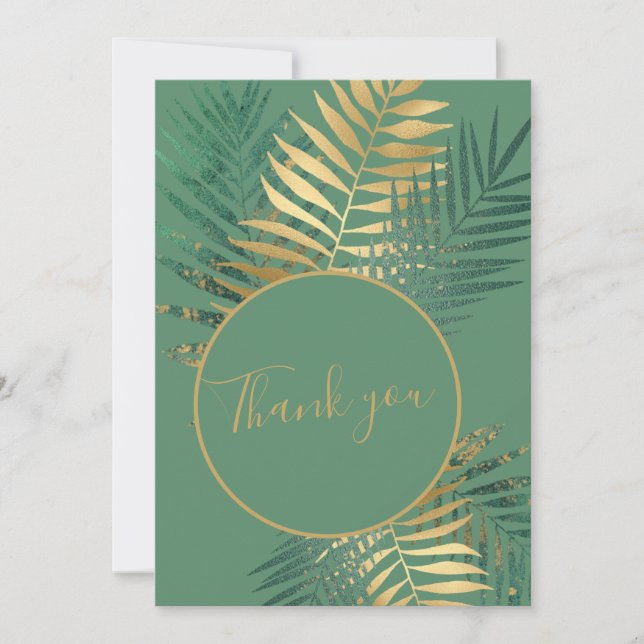 Tarjeta De Agradecimiento Elegante Boda de plantas tropicales doradas y verd (Anverso)