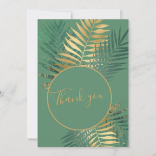 Tarjeta De Agradecimiento Elegante Boda de plantas tropicales doradas y verd