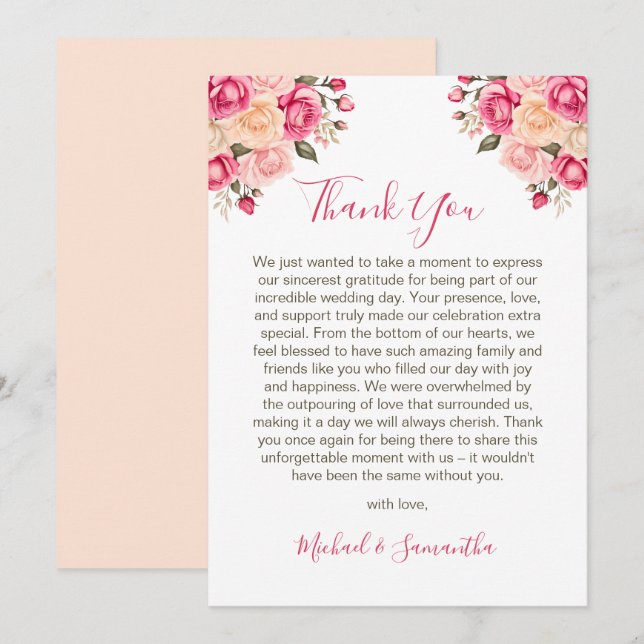 Tarjeta De Agradecimiento Elegante Boda de Rosa de marfil y rosa de Fucia (Anverso / Reverso)