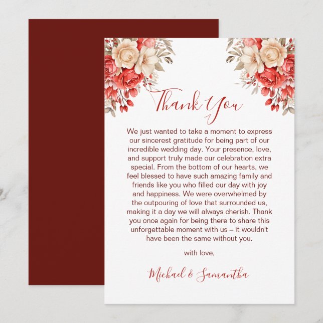 Tarjeta De Agradecimiento Elegante Boda de Rosa rojo e marfil (Anverso / Reverso)