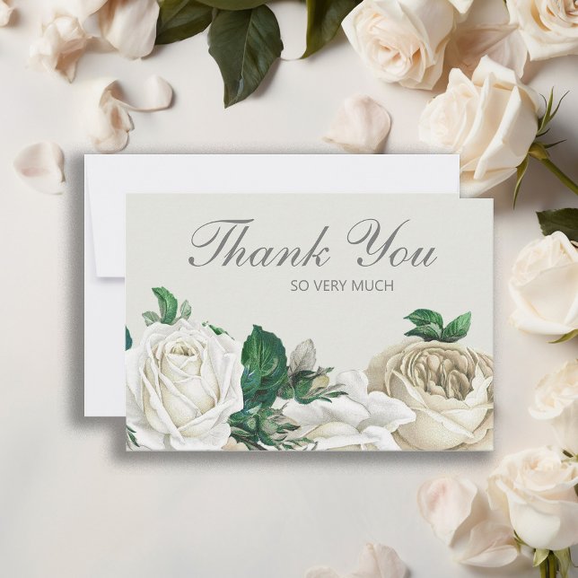 Tarjeta De Agradecimiento Elegante Boda de Rosas Blancas De Marfil Gracias (Elegant white floral wedding Thank You card.)