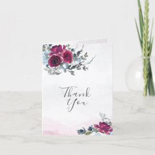 Tarjeta De Agradecimiento Elegante Boda de Rosas blancos y azules de Borgoña