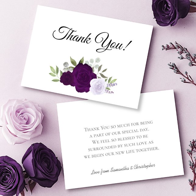 Tarjeta De Agradecimiento Elegante Boda de Rosas de Plum Purple & Lavender B (Front/Back)