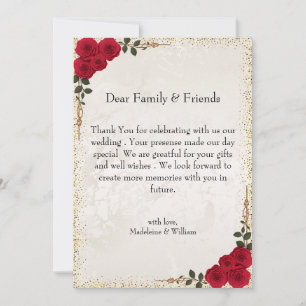 Tarjeta De Agradecimiento Elegante Boda de Rosas Rojas Románticas de Oro