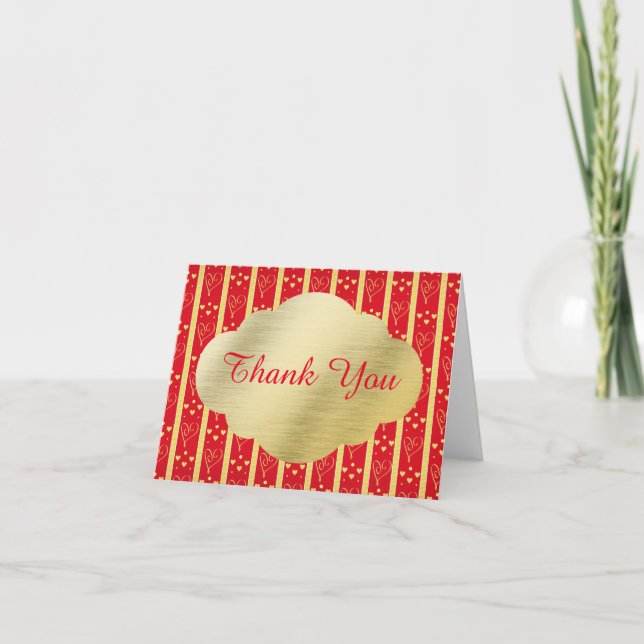 Tarjeta De Agradecimiento Elegante Boda de San Valentín Rojo y Oro Gracias (Anverso)