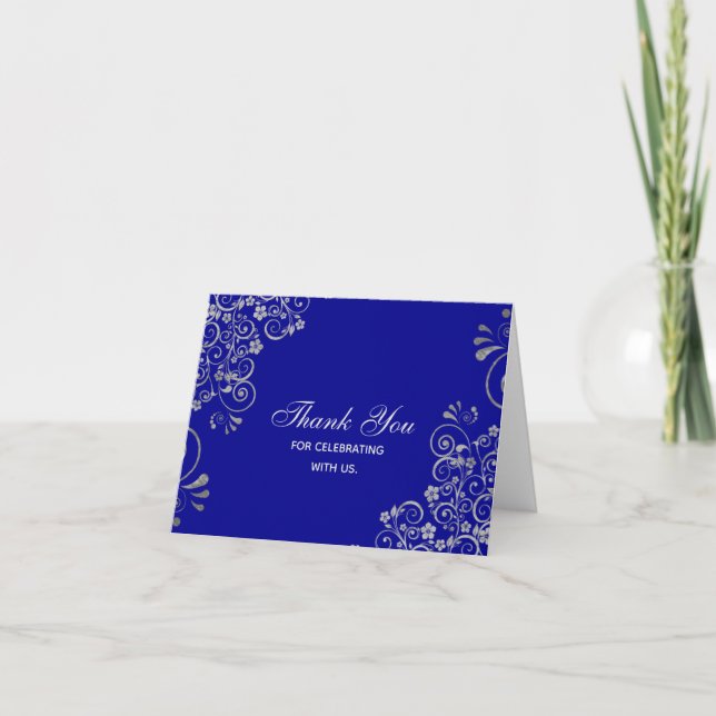 Tarjeta De Agradecimiento Elegante Boda de Swirls Blue Silver (Anverso)