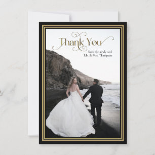 Tarjeta De Agradecimiento Elegante Boda de Tipografía Ornate de Oro Negro