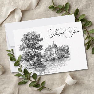 Tarjeta De Agradecimiento Elegante Boda de Toile Francés en Mansión en Blanc
