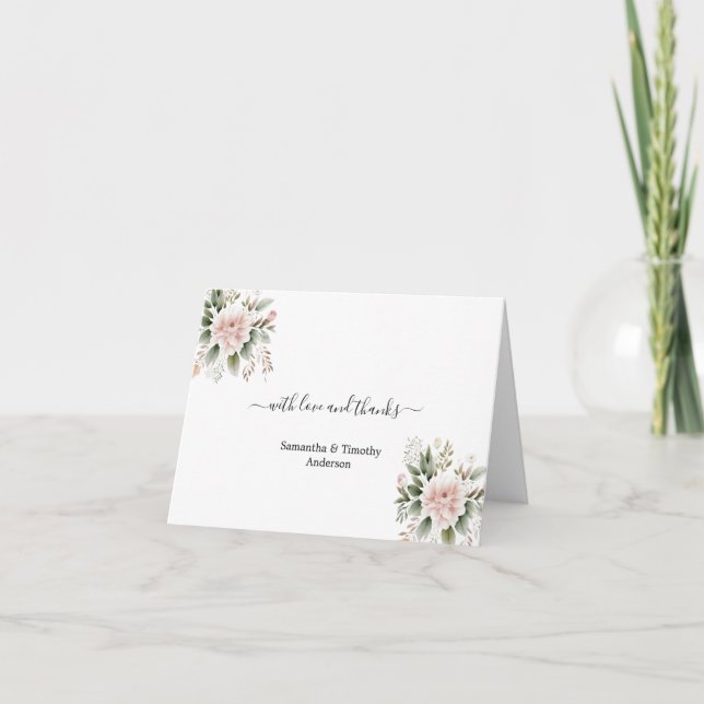Tarjeta De Agradecimiento Elegante Boda de vegetación floral Rubor rosa (Anverso)