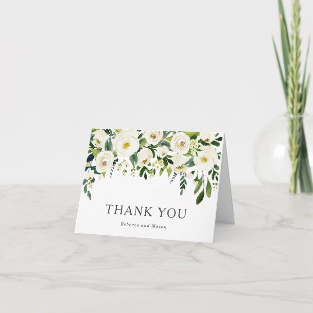 Tarjeta De Agradecimiento Elegante Boda de Verdor de Rosas Blancas Gracias (Anverso)