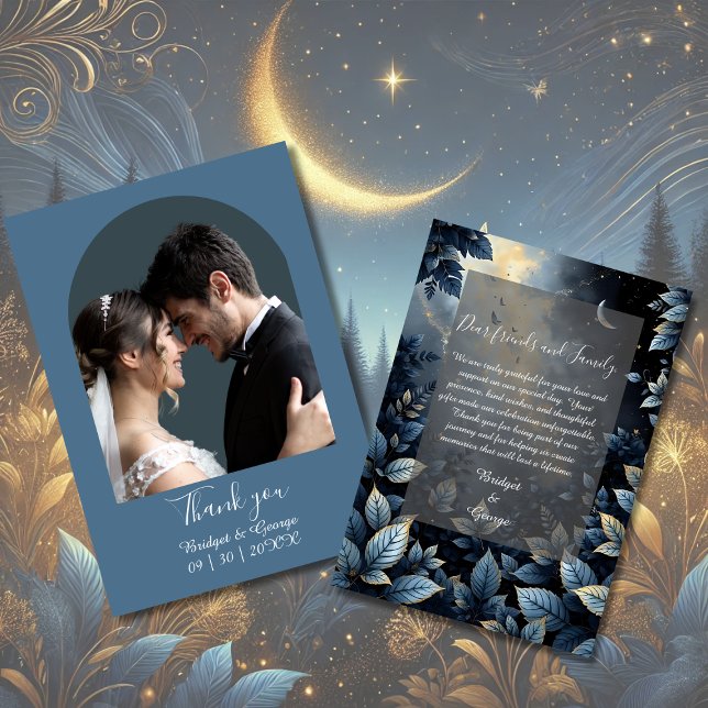 Tarjeta De Agradecimiento Elegante Boda del Bosque Azul y Oro de Medianoche (Subido por el creador)