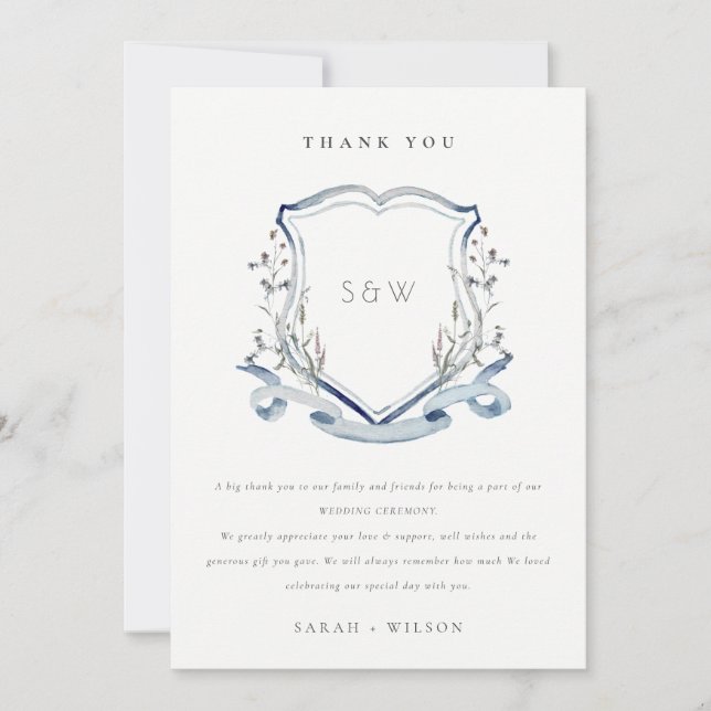 Tarjeta De Agradecimiento Elegante Boda del Monograma de Flor Silvestre Azul (Anverso)