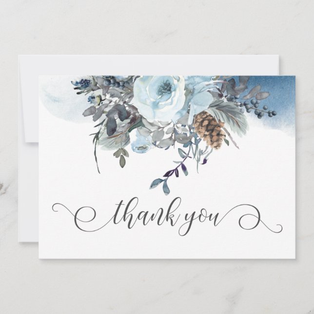 Tarjeta De Agradecimiento Elegante Boda Dusty Blue Floral (Anverso)