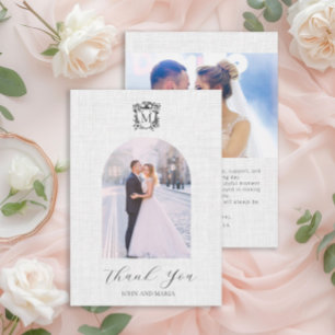 Tarjeta De Agradecimiento Elegante Boda Escudo de arco fotográfico blanco Gr
